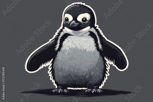Cartoon-style penguin with big eyes standing on a gray surface, isolated and facing forward.