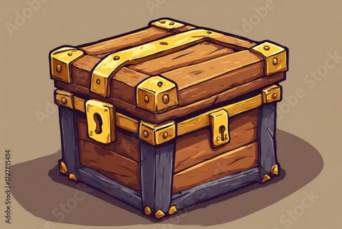 Cartoon illustration of a vintage wooden chest with brass accents.