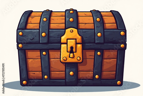 Cartoon illustration of a vintage wooden treasure chest with a lock.