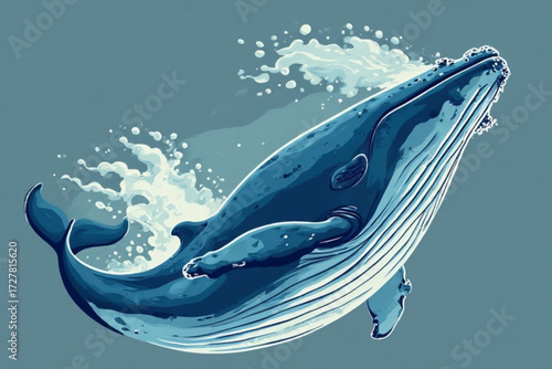 A majestic whale breaches the surface, creating a splash of water.