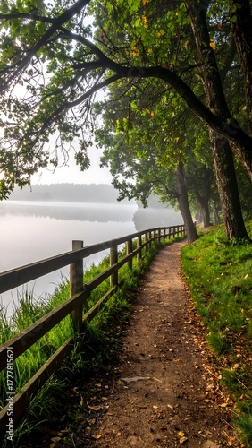 Misty forest path by a lake