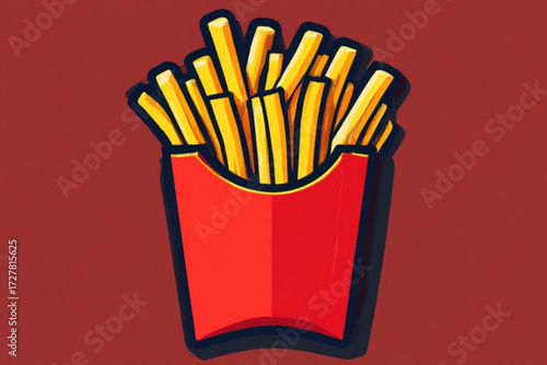 Illustration of a red carton overflowing with golden, crispy french fries.