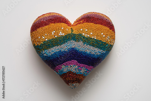 a rainbow-colored, beaded heart on a white background,