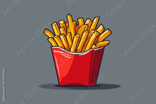 A vibrant illustration of a full container of golden, crispy french fries.