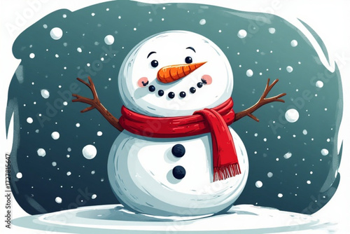 A cheerful snowman with a carrot nose and red scarf stands in a snowy scene.