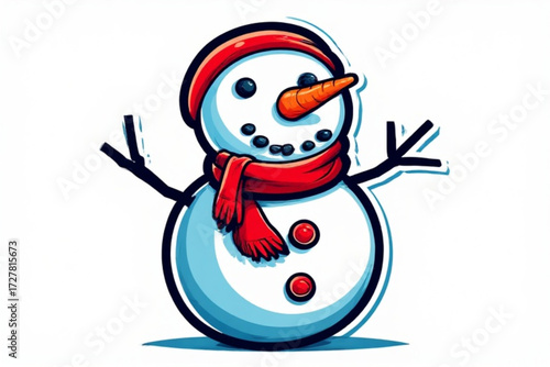 A cheerful snowman illustration wearing a red hat and scarf, smiling brightly.
