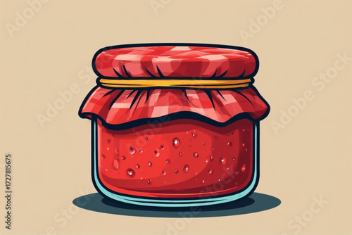 A cartoon illustration of a jar filled with red jam, sealed with a fabric cover.