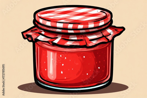 Illustration of a jar of red jam with a checkered cloth lid, sitting on a surface.