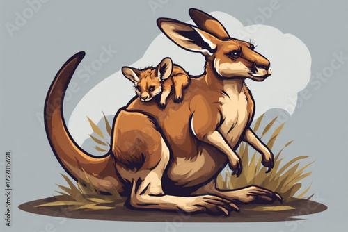 A kangaroo with a joey riding on its back, standing in grass against a neutral background.