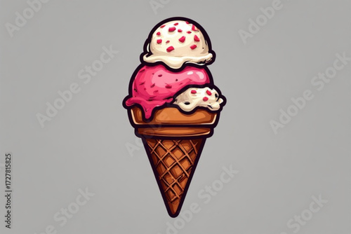 A colorful illustration of a three-scoop ice cream cone with various flavors.
