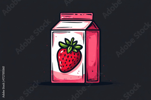 A cartoon illustration of a pink strawberry milk carton against a dark background.