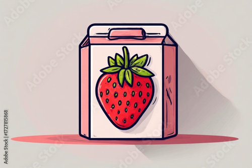 A cartoon illustration of a strawberry milk carton, with a large strawberry on the front.