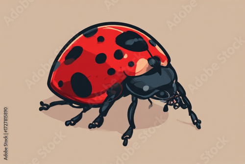 Cartoon illustration of a red ladybug with black spots, standing on a beige surface.