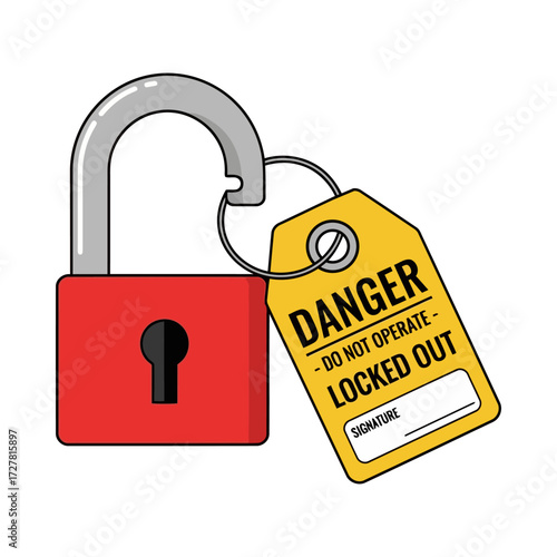 Vector illustration of an open red padlock with a yellow danger tag for a lockout-tagout industrial safety procedure on an isolated background