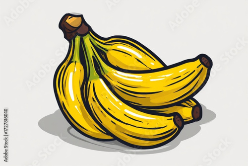 A vibrant illustration showcasing a bunch of ripe, yellow bananas, with detailed shading and highlights.