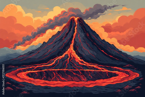 A stylized depiction of a volcanic eruption with molten lava flowing down the mountain.