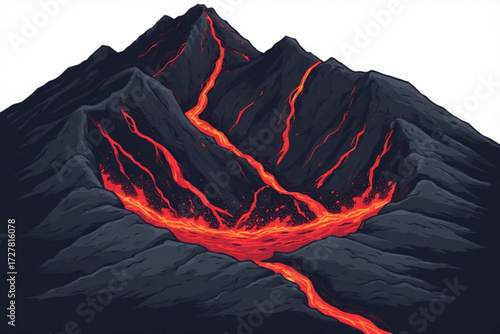Volcanic mountain illustration with flowing red lava, showing a fiery eruption.