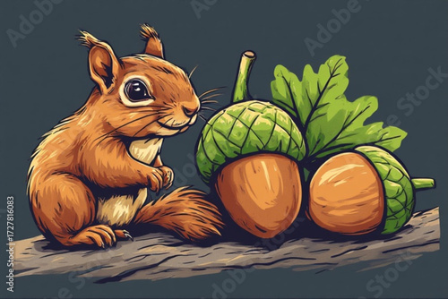A cartoon squirrel gazes at two acorns with leaves, resting on a wooden branch.