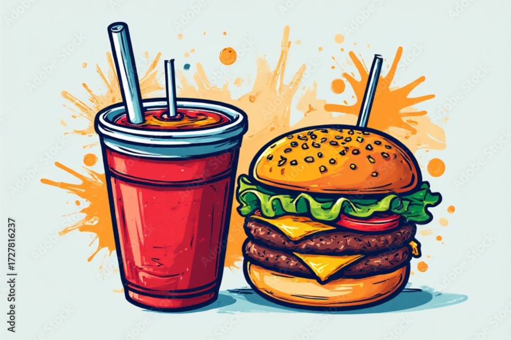 A vibrant illustration of a double cheeseburger and a refreshing soda drink, ready to enjoy.