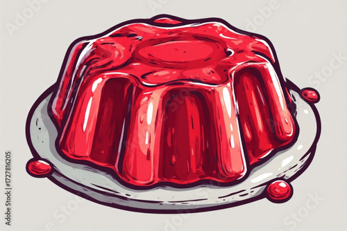 A vibrant illustration of a glossy, red gelatin dessert on a plate.