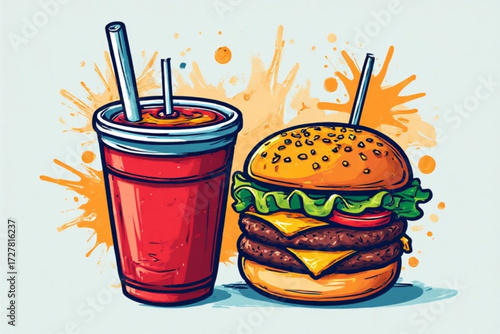 A vibrant illustration of a double cheeseburger and a refreshing soda drink, ready to enjoy.