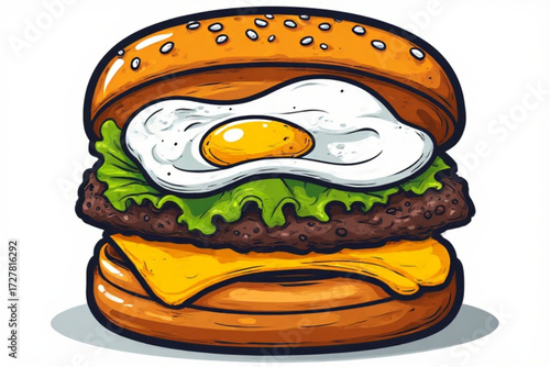 Cartoon illustration of a burger with cheese, patty, lettuce, and a fried egg, presented on a white background.