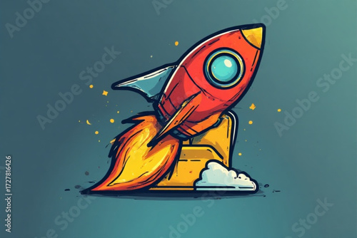 A cartoon rocket ship taking off from a golden envelope, leaving a trail of fire.