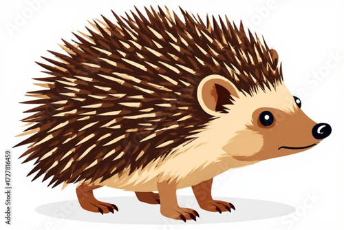 Illustration of a hedgehog standing on a white background, showcasing its brown and white quills.
