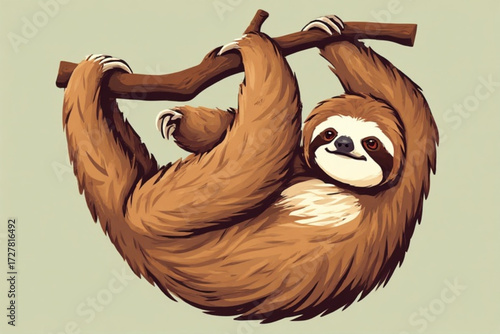 A cartoon illustration of a sloth hanging from a tree branch, smiling gently.