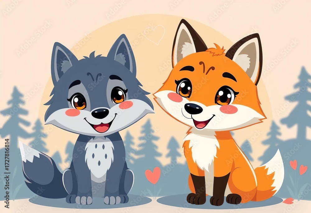 Obraz premium Cute cartoon fox and wolf, vibrant colors, playful animal silhouettes & icons, forest, furry