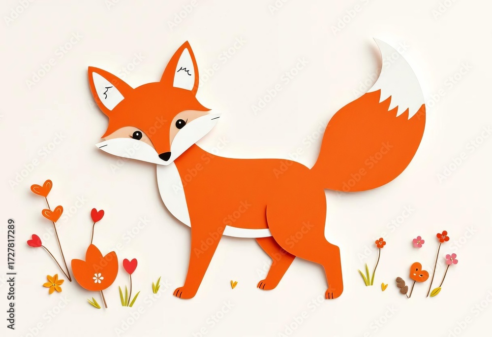 Fototapeta premium Orange fox paper cutout, red fox paper art Layered design, whimsical style, illustration, background