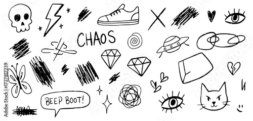 Whimsical doodle art showcases playful icons like (skull, diamond, chaos, cat, and spaceship) for creative use