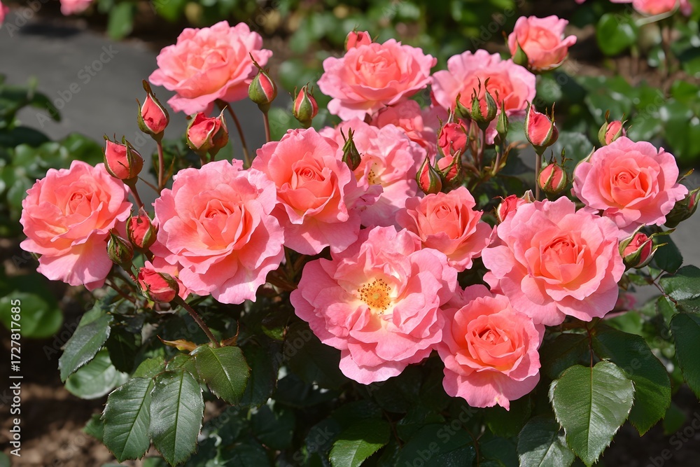 Naklejka premium Beautiful Pink Roses Blooming in Garden Bush