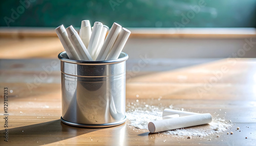 White Chalk Sticks in Metal Bucket on Table with Chalk Dust