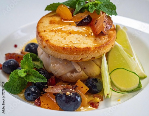 Gourmet grilled fish dish with berries and lime