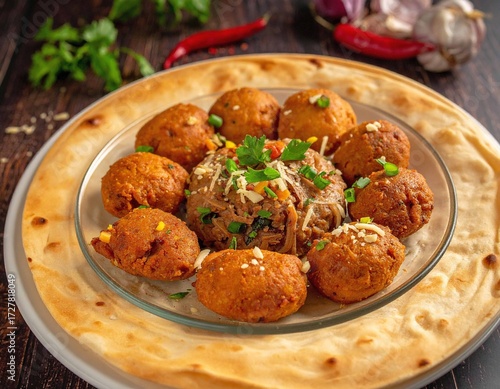 Delicious indian pakora appetizer served on flatbread