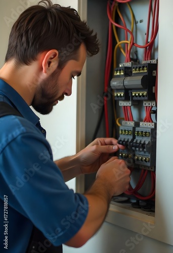 Skilled electrician meticulously working on electrical panel wiring, ensuring safe and efficient power distribution for modern homes and businesses.