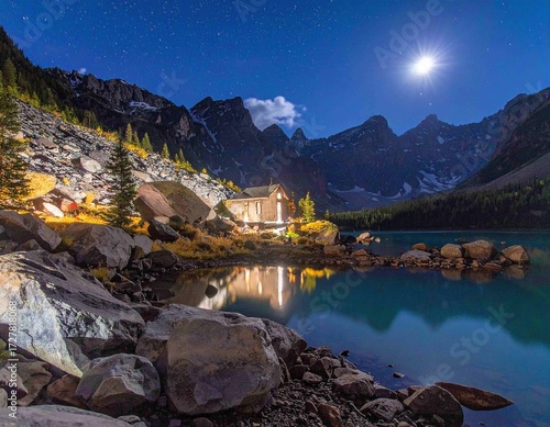 Moonlit mountain lodge reflects on serene lake under starry sky
