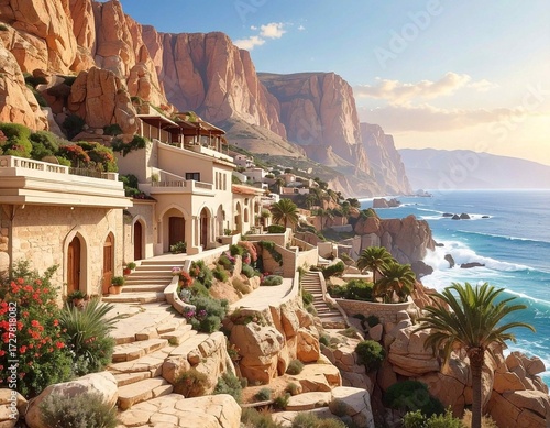 Ancient mediterranean cliffside village overlooking a turquoise sea