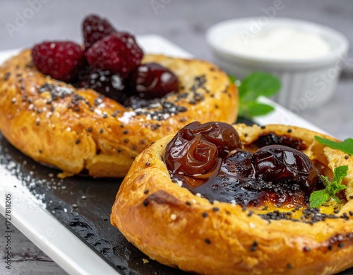 Sweet berry pastries with powdered sugar and poppy seeds