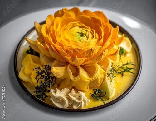 Gourmet dessert with a vibrant orange flower topping