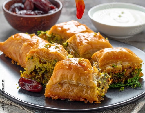 Delicious pistachio baklava served with dates and yogurt dip
