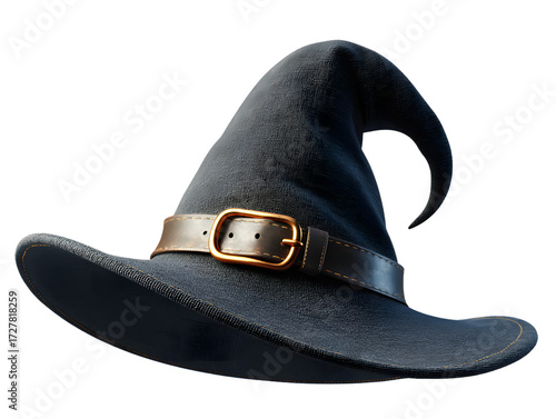 Cute cartoon witch hat with tilted tip and stylish buckle isolated on transparent background, playful whimsical vector illustration