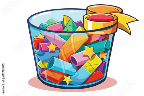 vector of Take a simple glass.
Put pieces of colored paper inside and write a wish or a positive sentence on each paper.
You can decorate the glass with ribbon or acrylic paint.