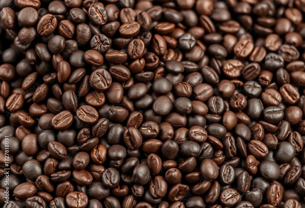 Fototapeta premium Dark roasted coffee beans tumbling onto a pile of others, grain, cafe