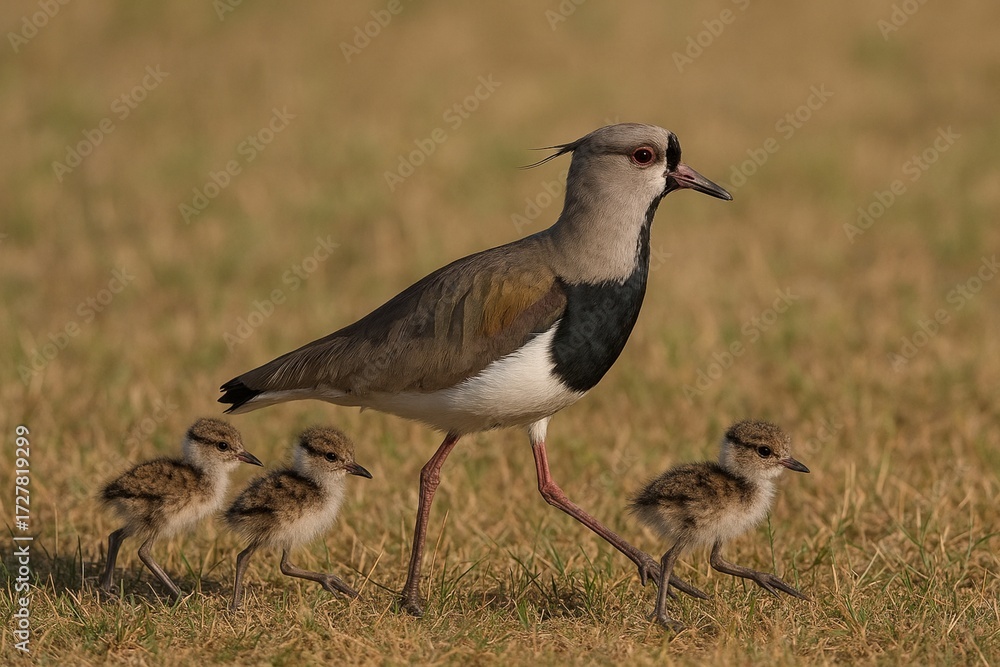 Fototapeta premium Southern lapwing walking with chicks