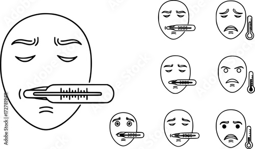 Set of sick face with thermometer outline vector icons
