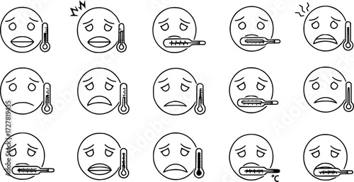 Set of sick face with thermometer outline vector icons