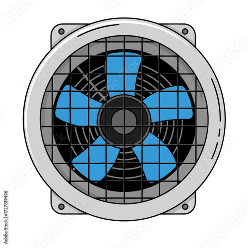 Vector graphic of a computer cooling fan with blue blades and a protective grill, essential for air circulation and heat dissipation in electronics