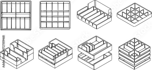 Set of game insert organizer compartment tray outline vector icons